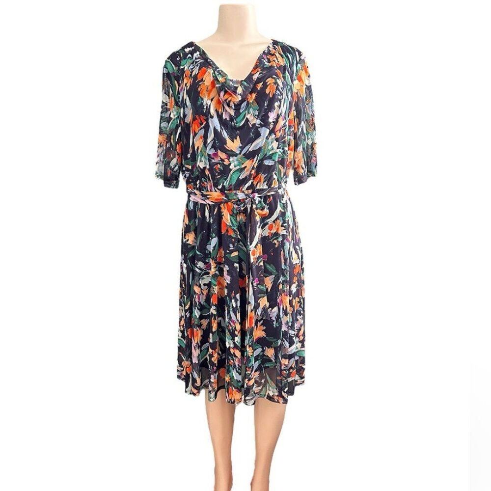 Enfocus Studio Blue Floral Sheer Mesh Overlay Cowl Neck Dress 1/2 Sleeve Size 14